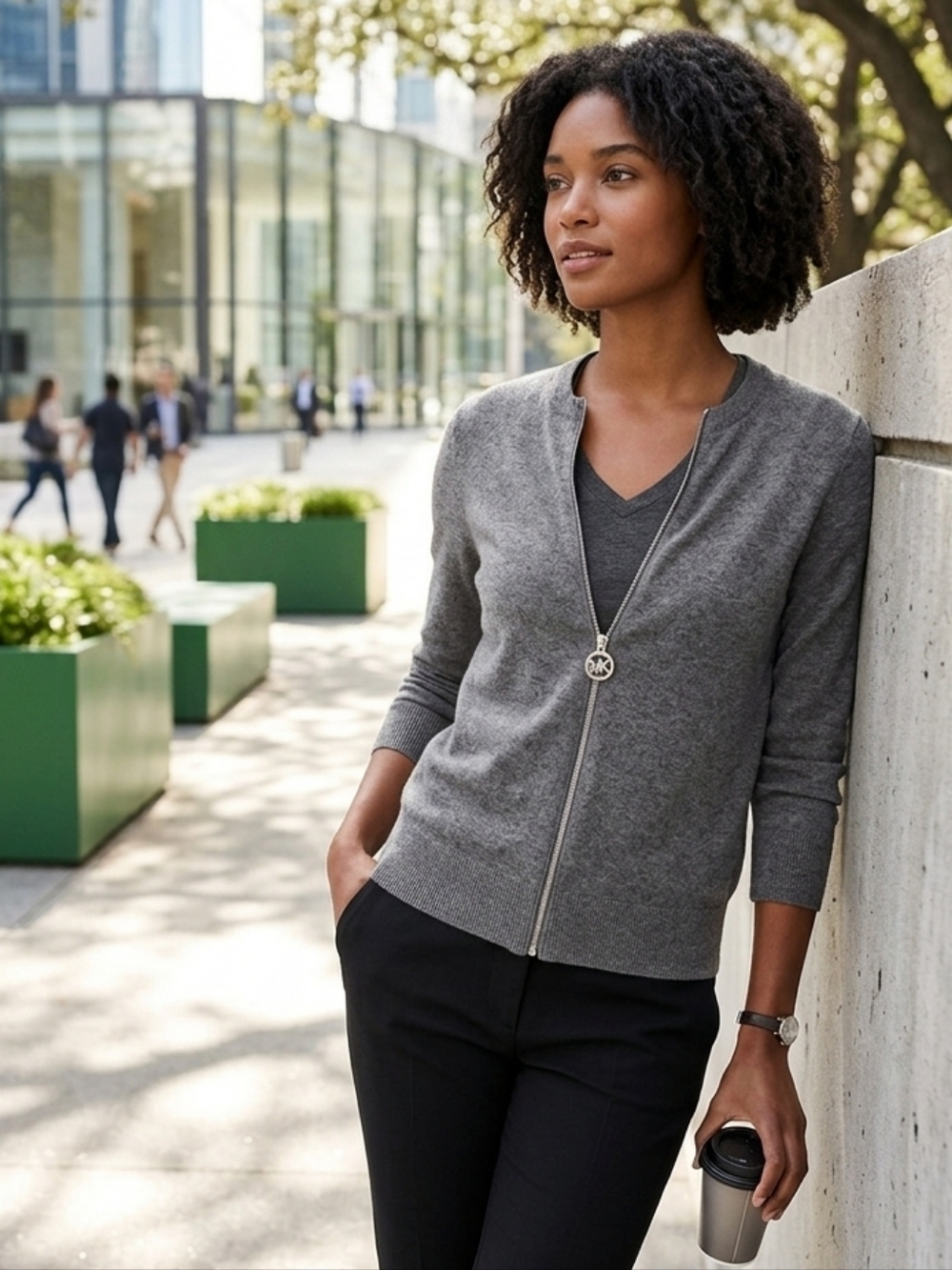 Michael Kors Women's Preppy Minimalist Neutral Grey Knit Cardigan Size Medium